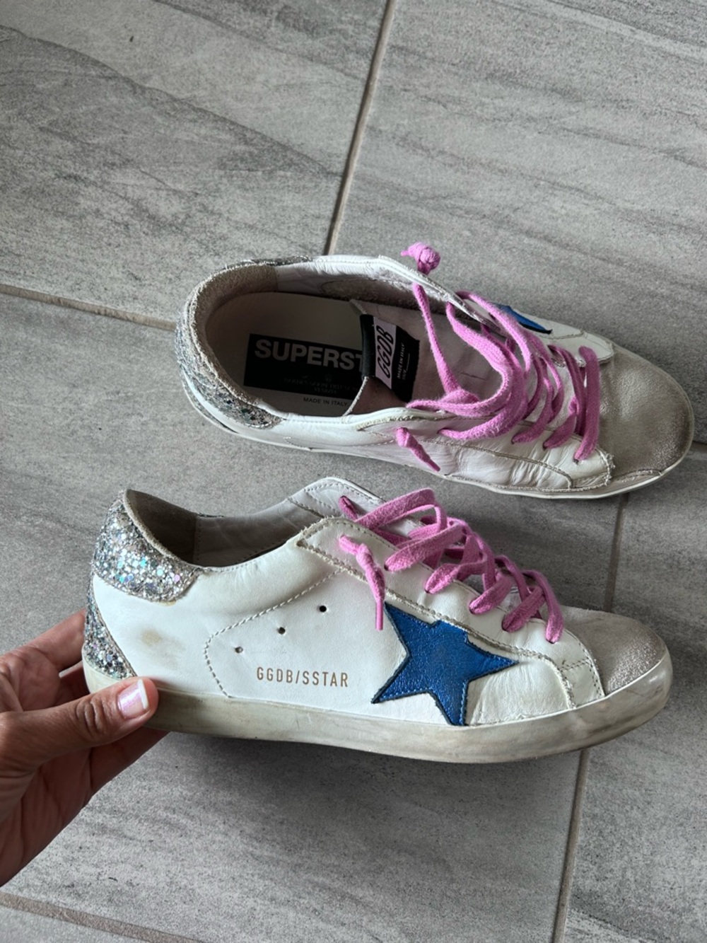 Golden Goose Superstar Sneakers Blue Star Glitter Heel White Leather Size 39 - Picture 8 of 16